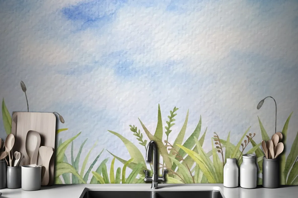 Hand Painted Watercolor Summer Landscape Wallpaper Mural