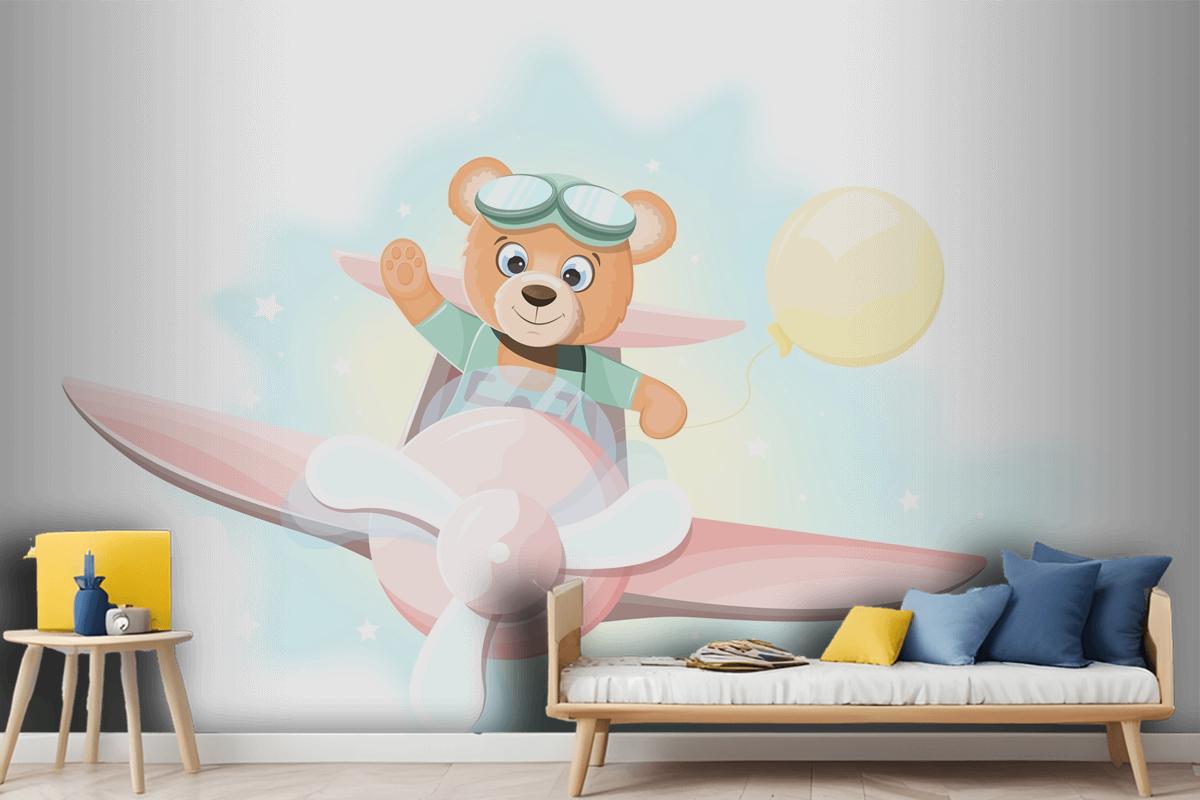 Happy Teddy Bear Flying On An Airplane Wallpaper Mural