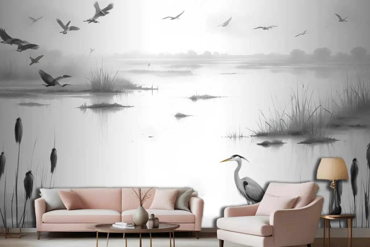 Heron Sketch In Misty Wetlands With Flying Birds Wallpaper Mural
