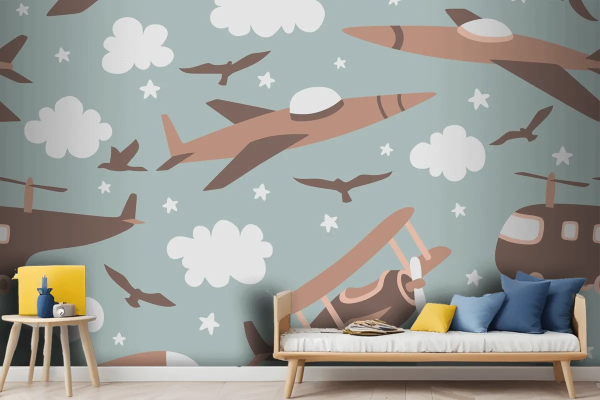 Hipster Doodles Colorful Seamless Pattern With Plane Drawing Boy Wallpaper Mural