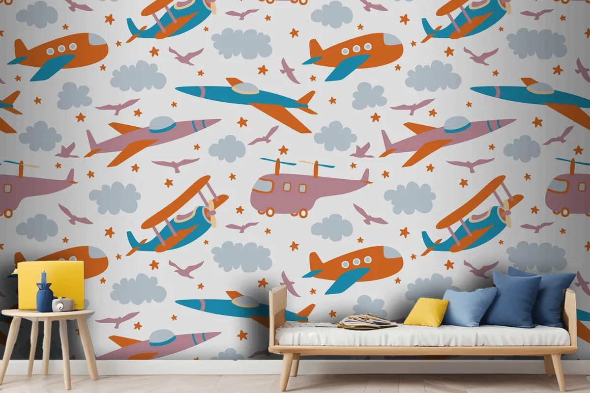 Hipster Doodles Colorful Seamless Pattern With Plane Drawing Wallpaper Mural