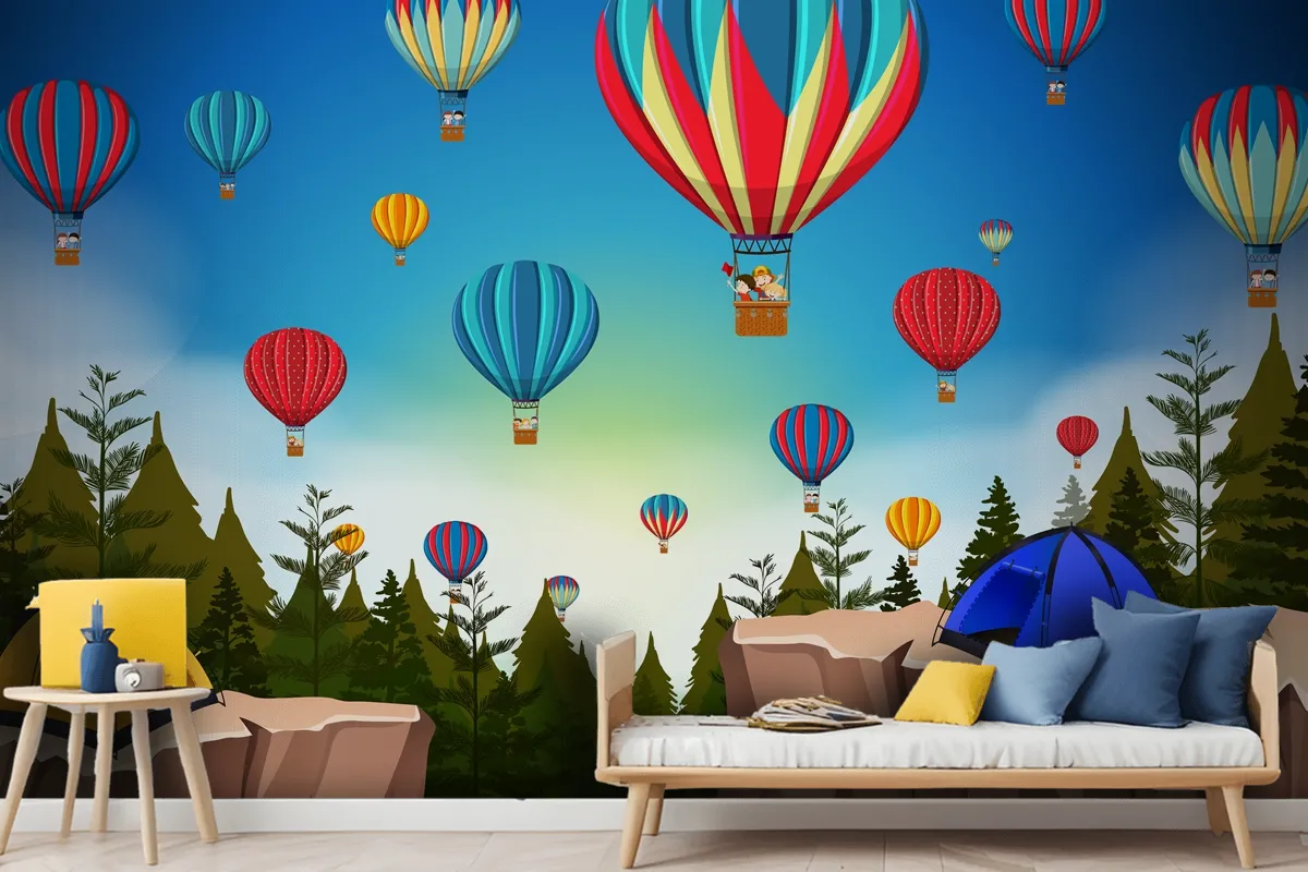 Hot Air Balloon In Nature Landscape Wallpaper Mural