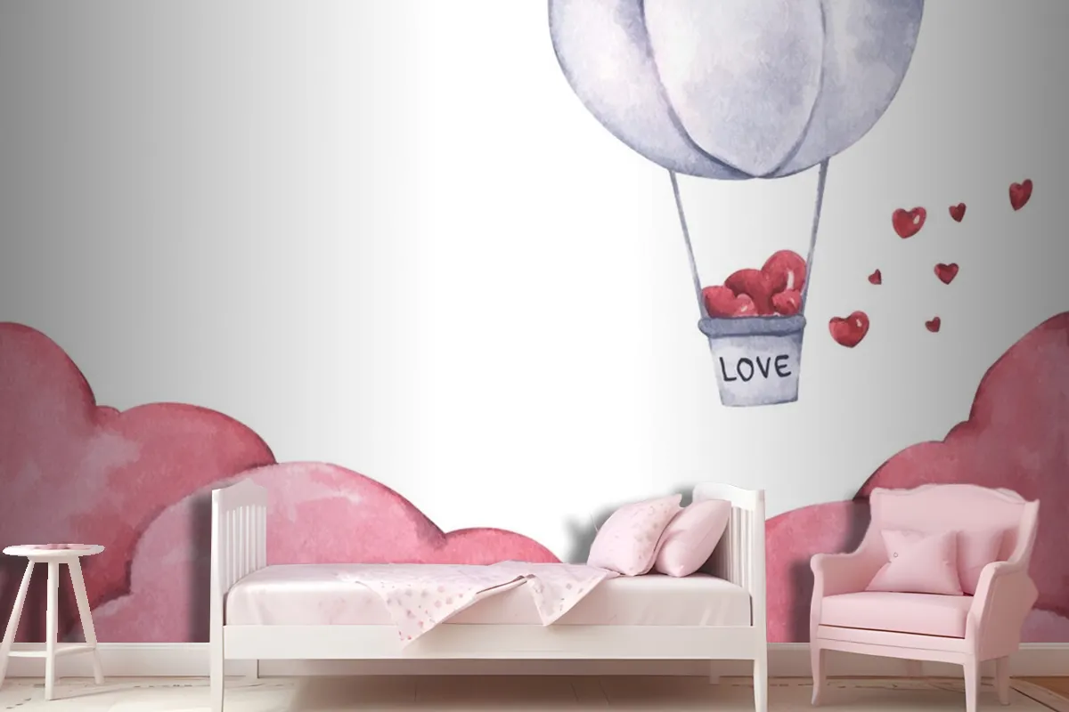 Hot Air Balloon With Heart Float On The Sky Wallpaper Mural