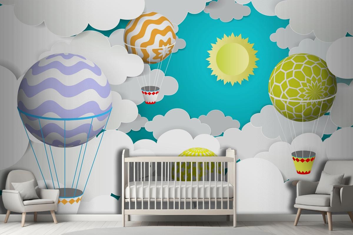 Hot Air Balloons In The Sky Paper Art Style Wallpaper Mural