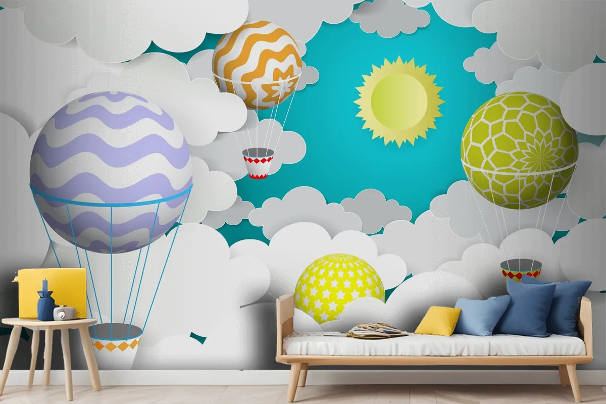 Hot Air Balloons In The Sky Paper Art Style Wallpaper Mural