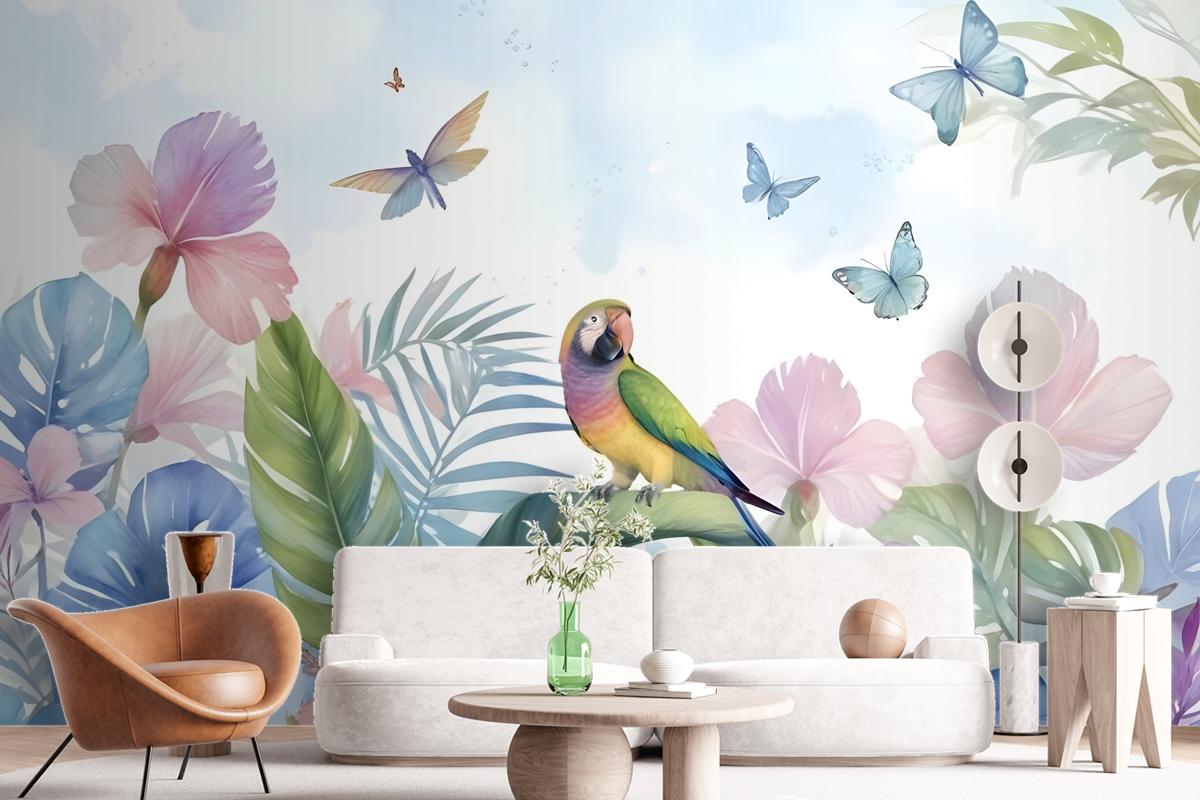 Hydrangea And Peony With Parrot Wallpaper Mural