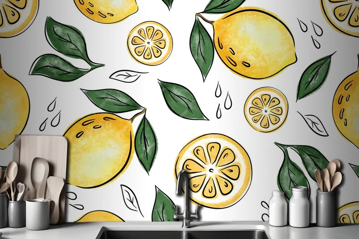 Juicy Seamless Pattern With Lemons And Leaves Wallpaper Mural