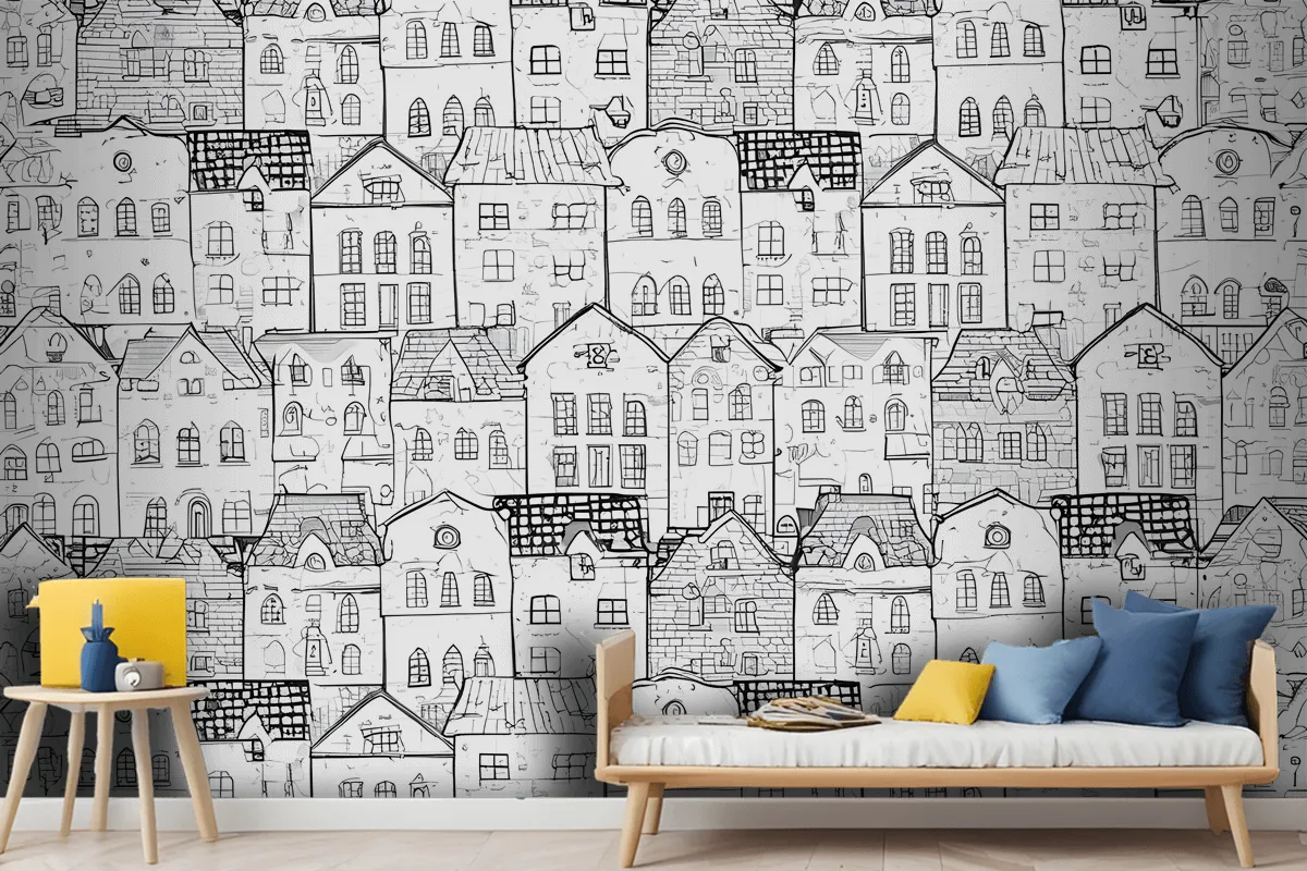 Kids Black And White Sketch House Wallpaper Mural