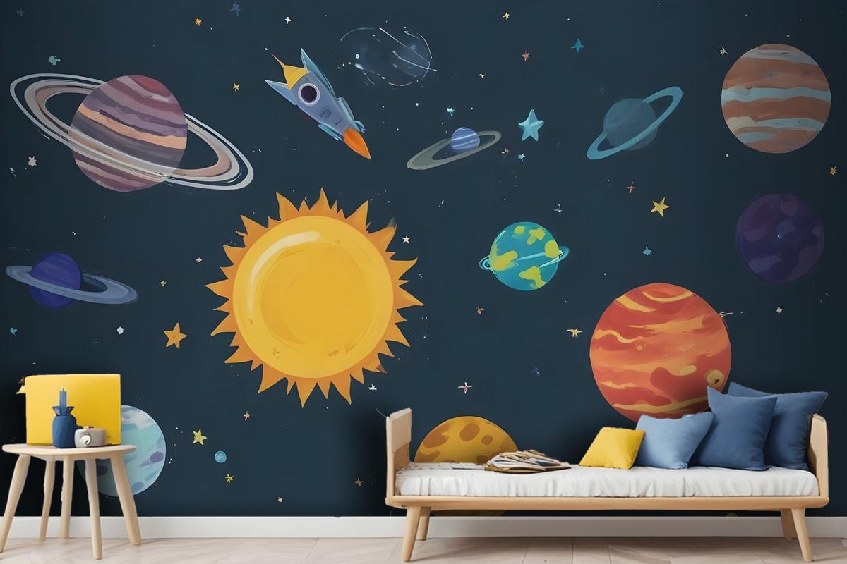 Kids Boys Watercolor Space And Solar System Wallpaper Mural