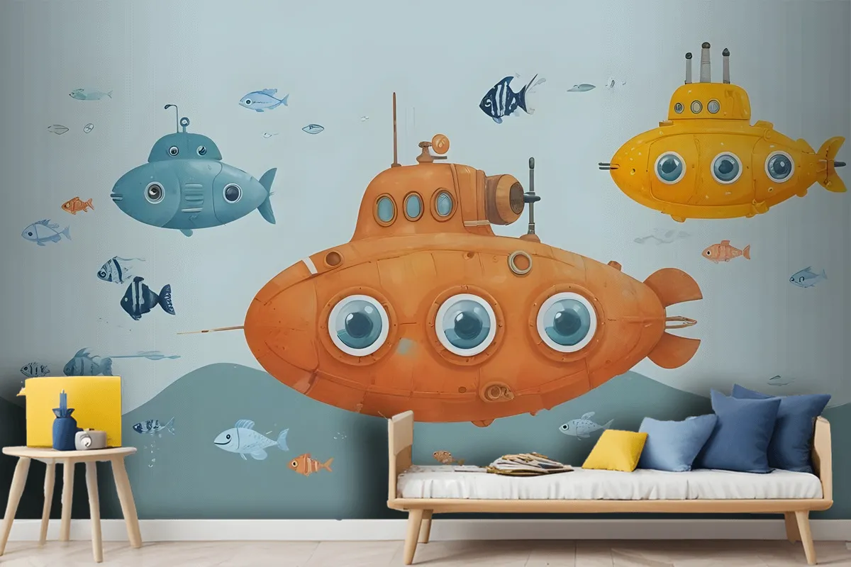 Kids Boys Watercolor Underwater With Submarine Wallpaper Mural