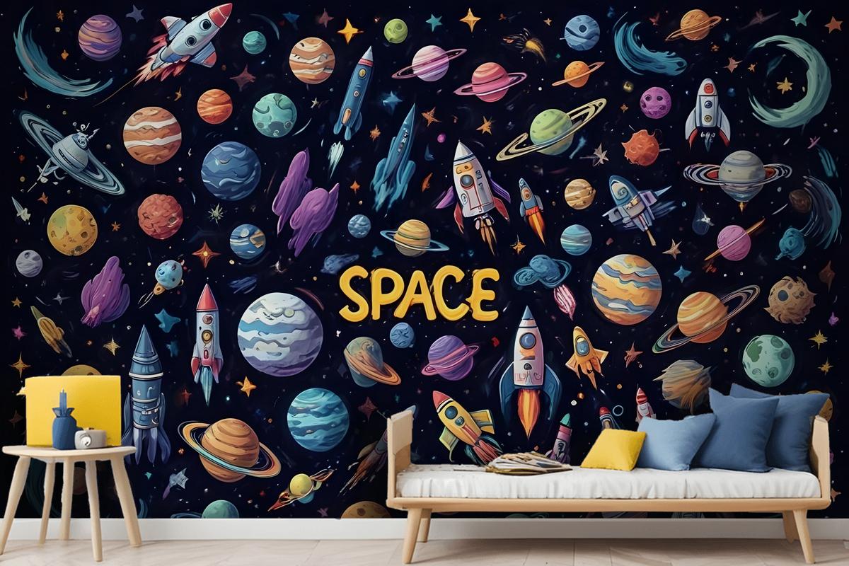 Kids Cartoon Space With Astronaut And Colorful Planets Wallpaper Mural