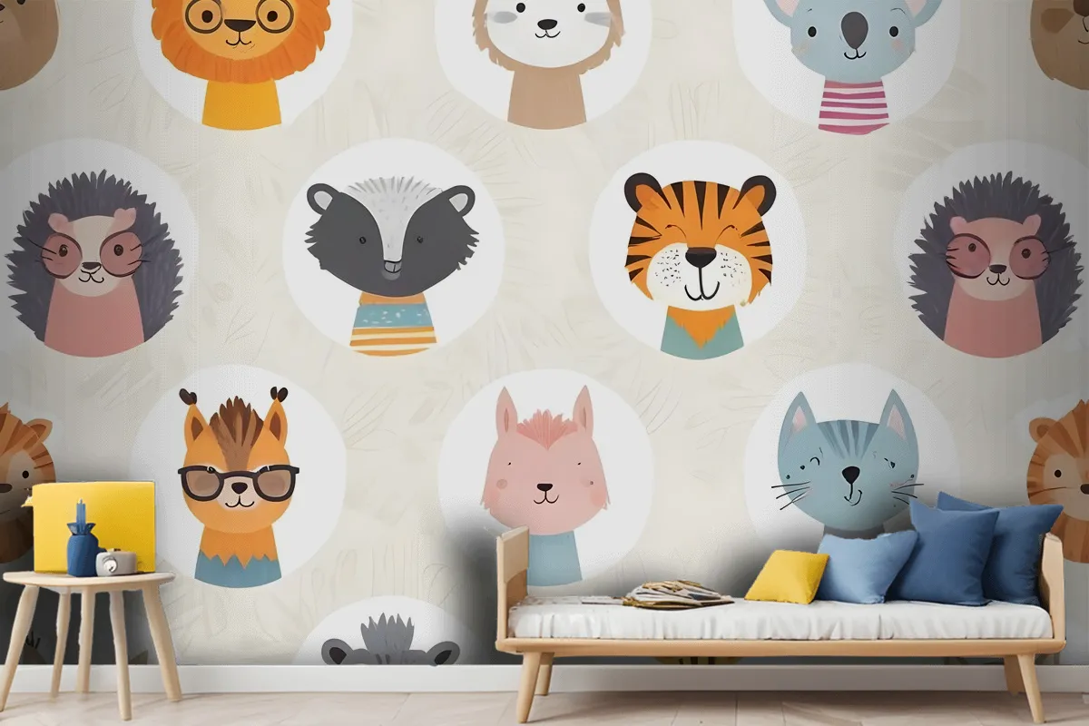 Kids Cute Safari Animals Pattern Wallpaper Mural