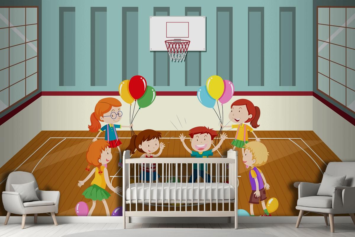 Kids Doing Physical Activity With Balloons Wallpaper Mural