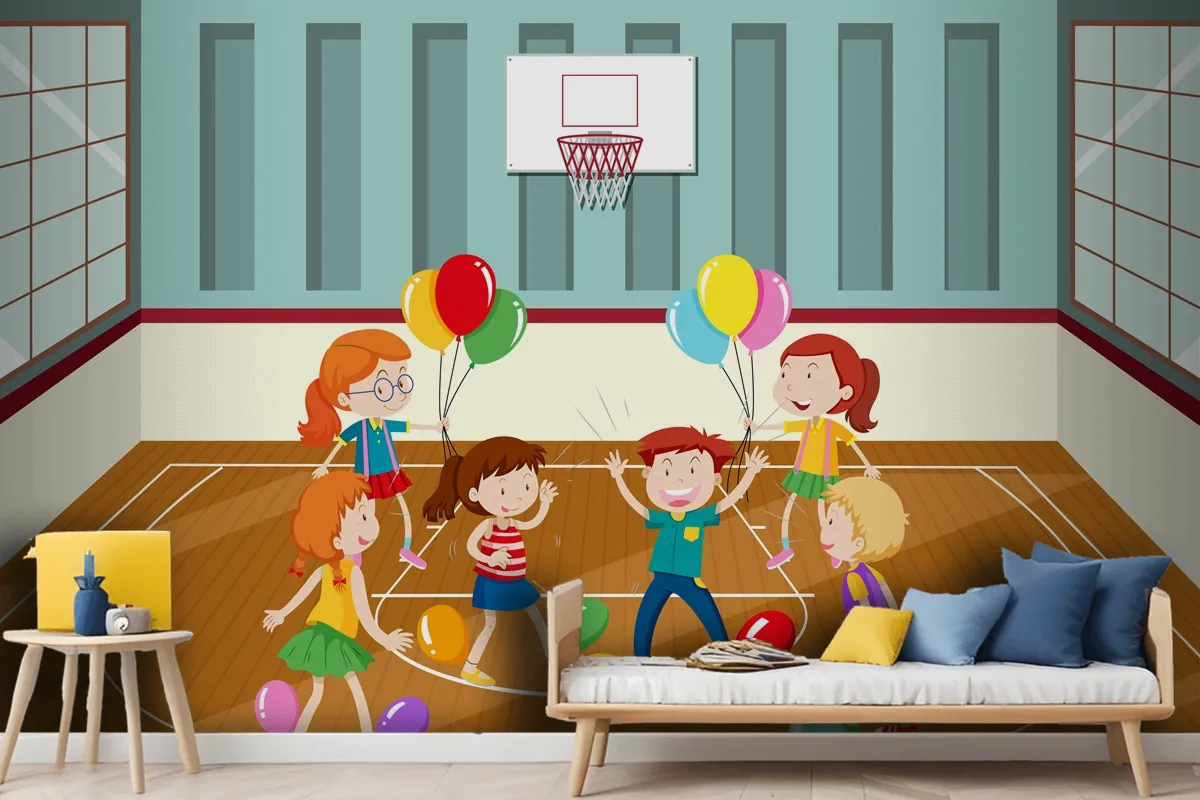 Kids Doing Physical Activity With Balloons Wallpaper Mural