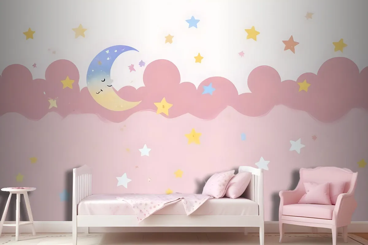 Kids Girls Pink Night With Sleeping Moon Wallpaper Mural