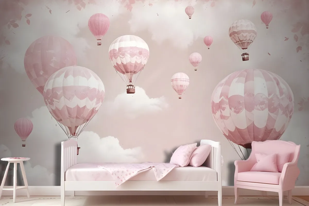 Kids Girls Pink Sky Of Hot Air Balloon Wallpaper Mural