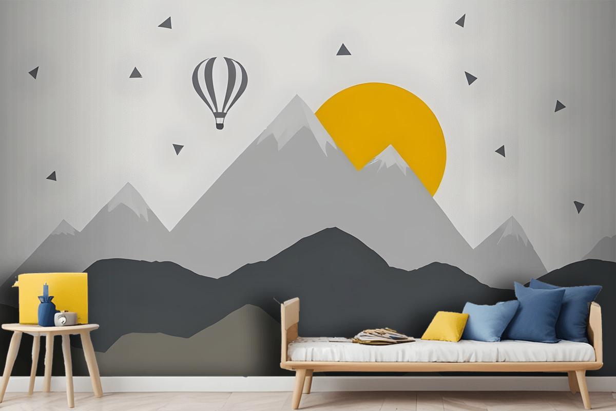 Kids Gray Geometric Mountainscape And Hot Air Balloon Wallpaper Mural