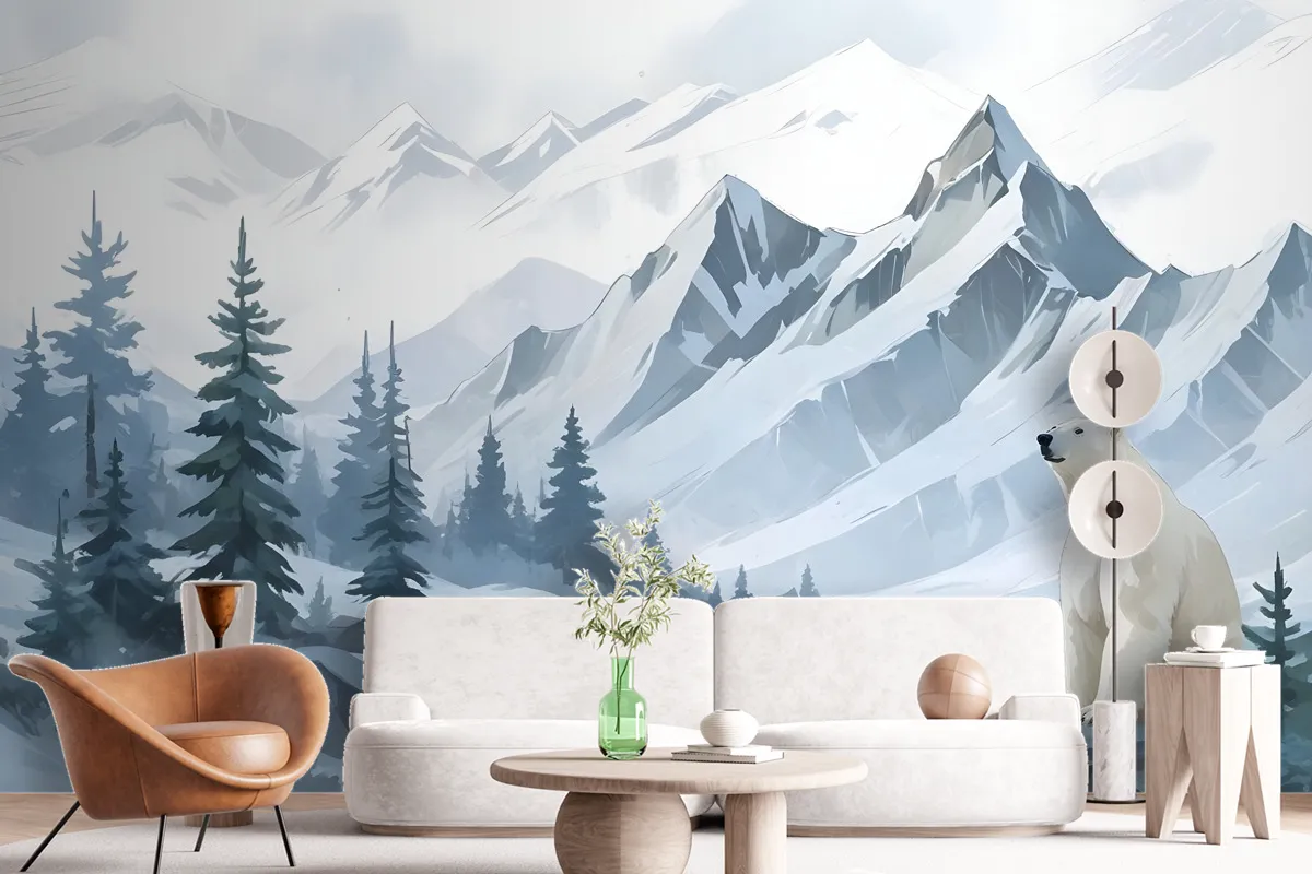 Kids Mountain Landscape With Cartoon Bear Wallpaper Mural