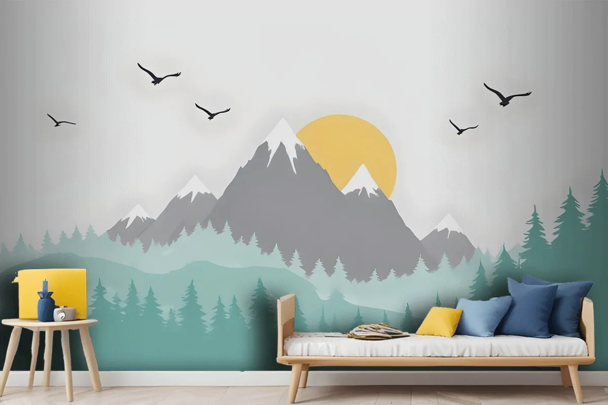 Kids Mountain Landscape With Trees Wallpaper Mural