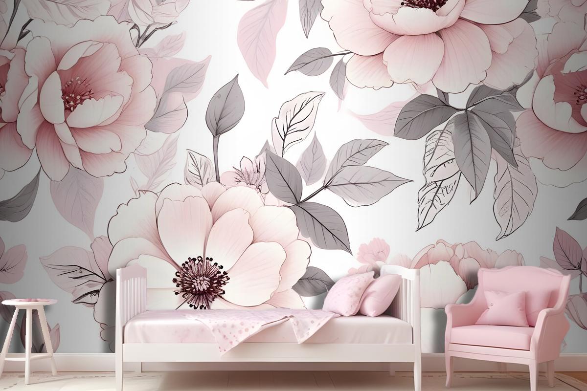 Kids Nursery Floral Pink Rose Pattern Wallpaper Mural