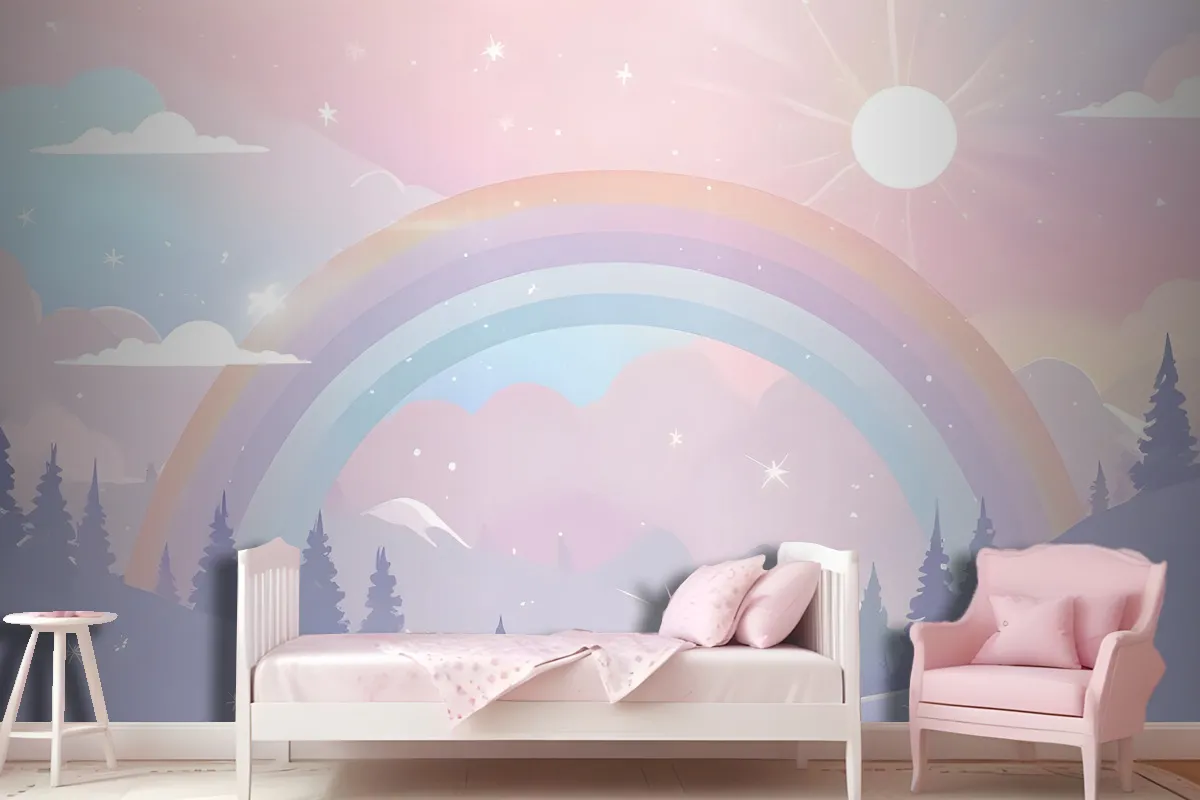 Kids Nursery Rainbow With Colorful Mountains And Shiny Stars Wallpaper Mural