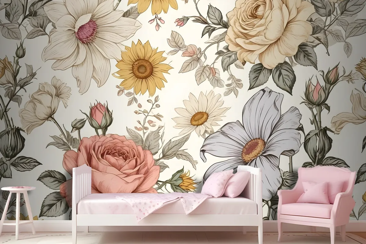 Kids Peony And Daisy Floral Wallpaper Mural