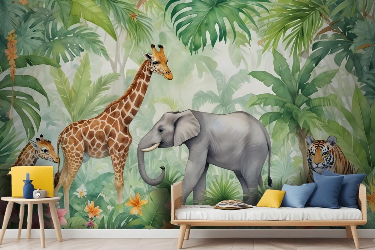 Kids Safari Watercolor Tropical Forest Jungle Animals Wallpaper Mural