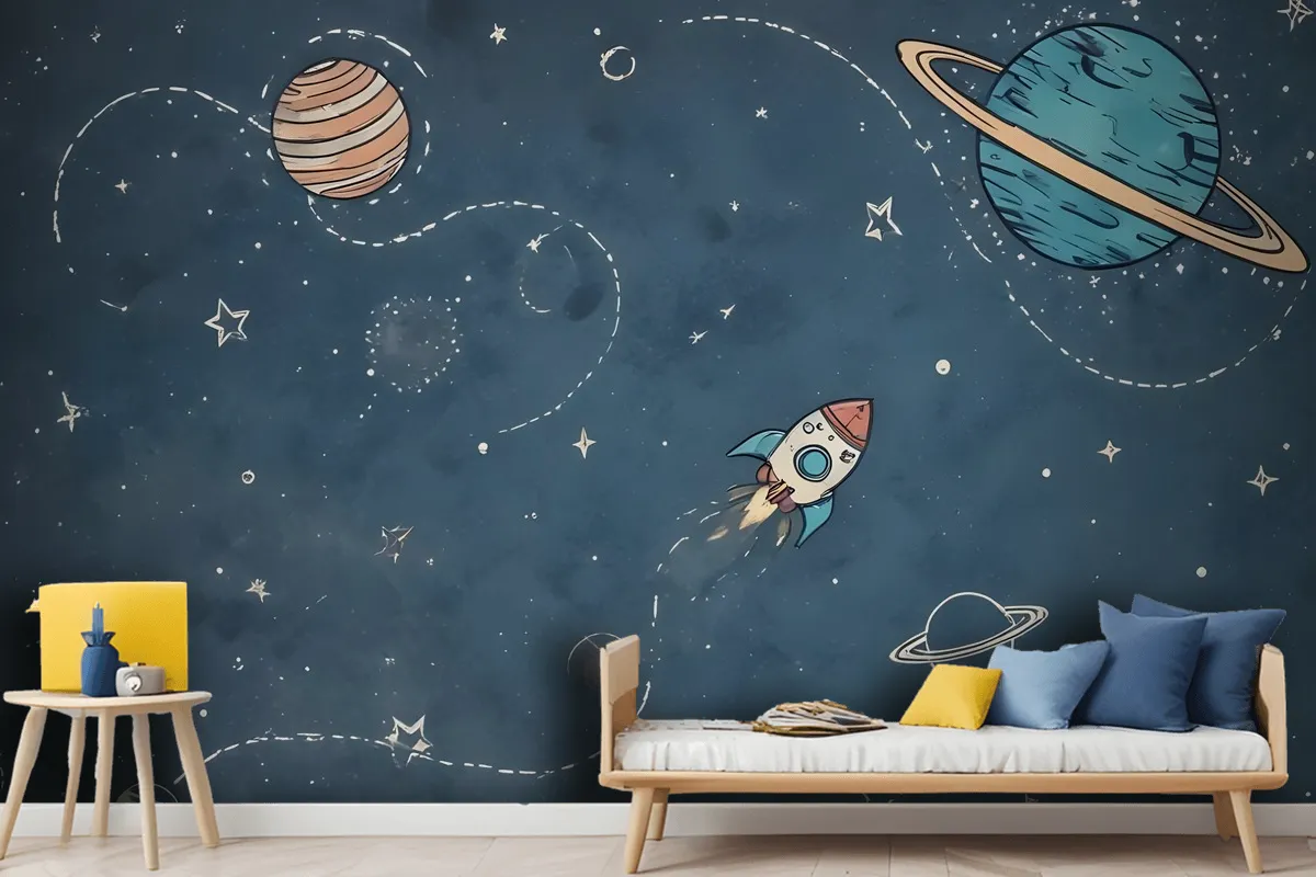 Kids Shining Cartoon Space With White Stripe Wallpaper Mural