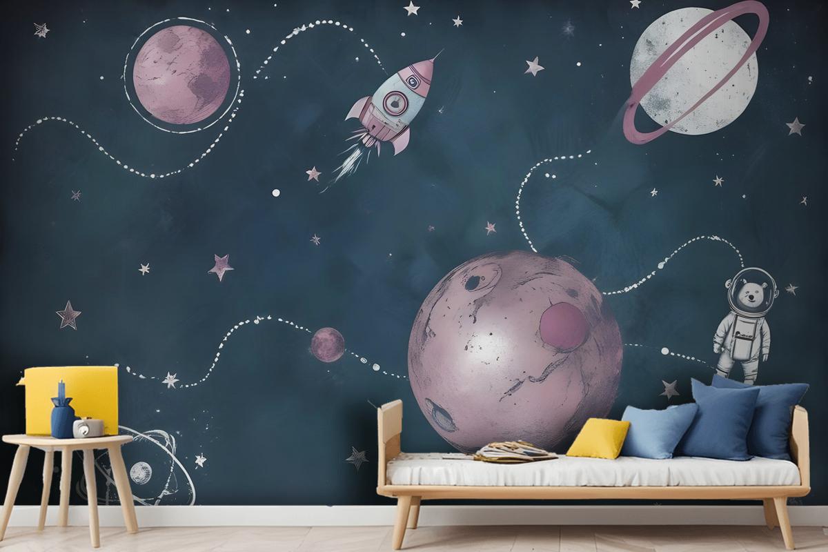 Kids Shining Space With Watercolor Bear Astronaut Wallpaper Mural