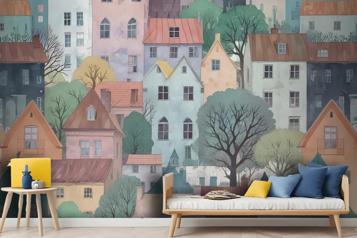 Kids Small Town Cute Watercolor House Wallpaper Mural