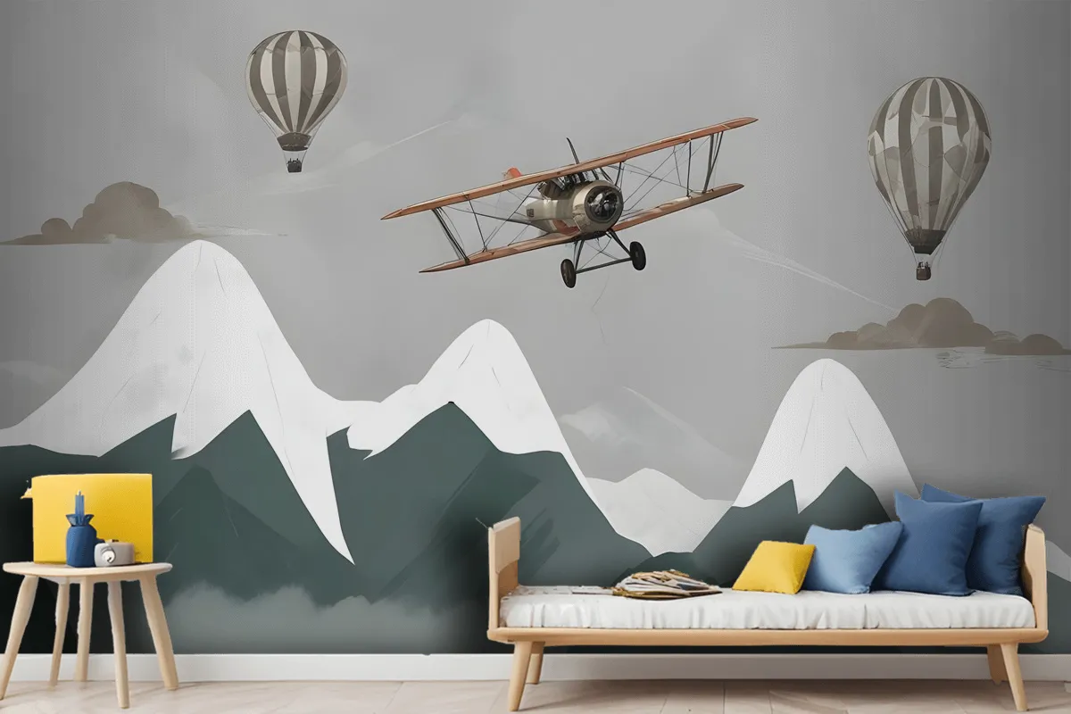 Kids Snowy Mountain With Plane And Balloons Wallpaper Mural