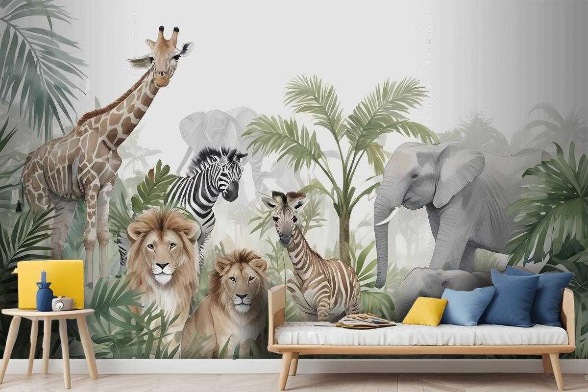 Kids Tropical Animals With Leafs Wallpaper Mural