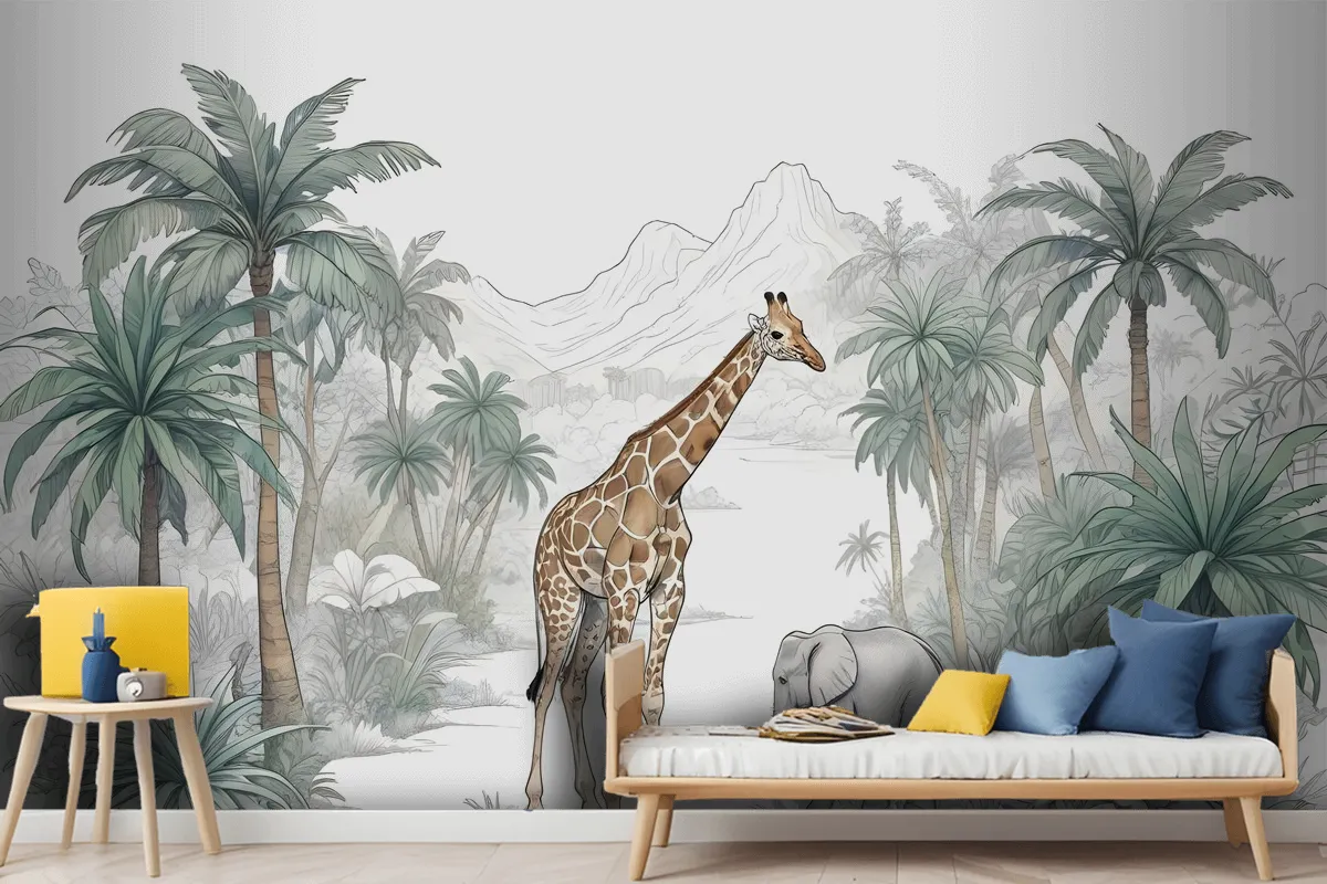 Kids Tropical Animals With Mountain Wallpaper Mural