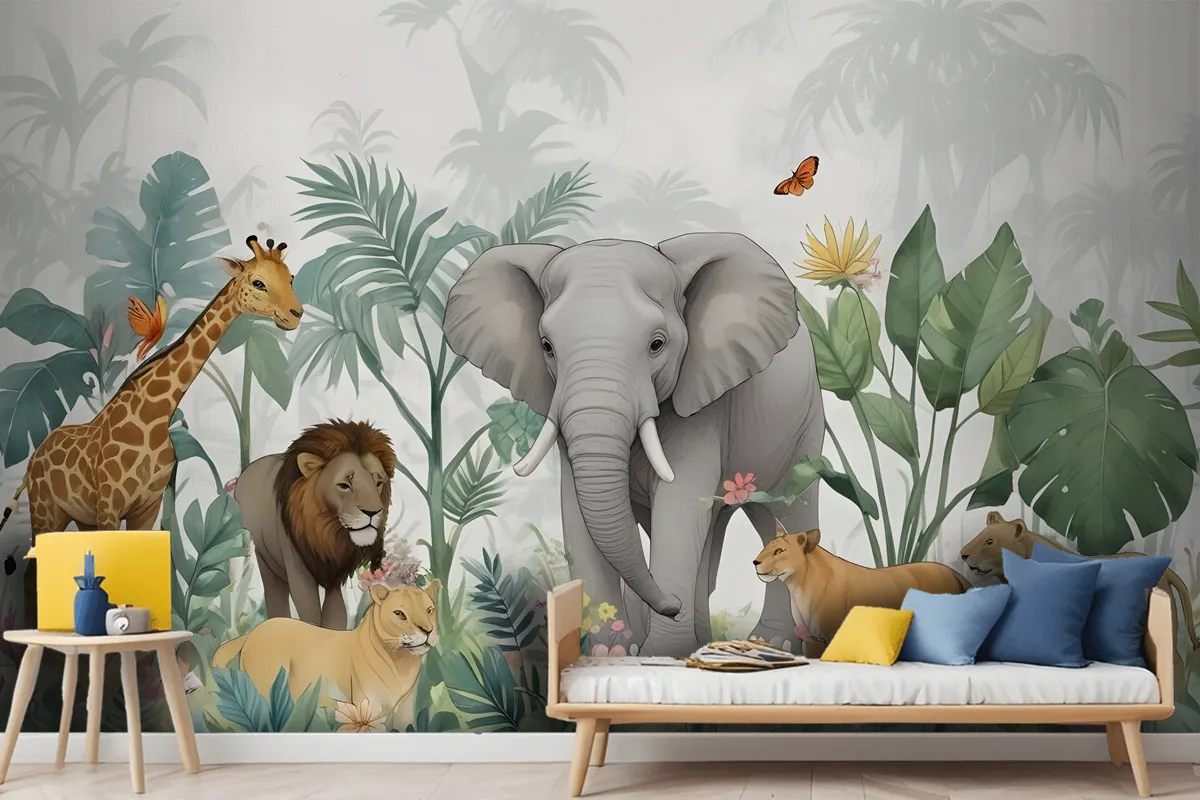 Kids Tropical Safari Animals With Green Leafs Wallpaper Mural