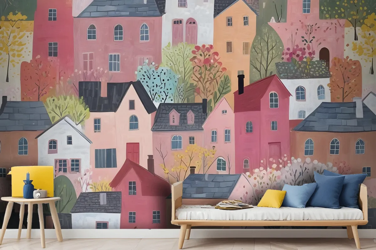 Kids Watercolor Cute Town House Wallpaper Mural