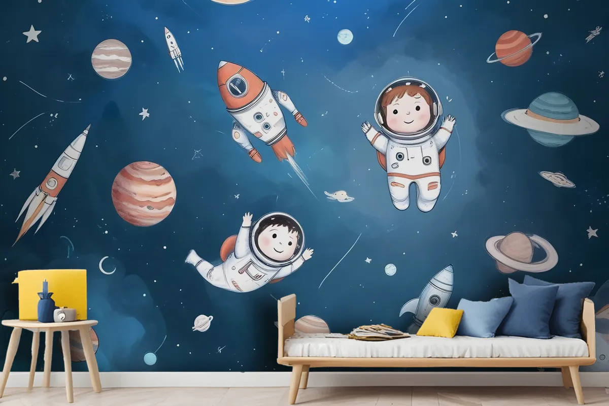 Kids Watercolor Space With Planets Wallpaper Mural