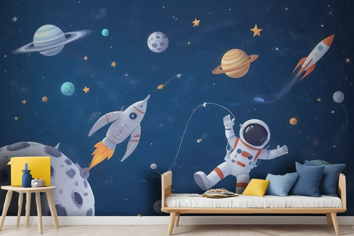 Kids Watercolor Space With Spaceship And Astronaut Wallpaper Mural