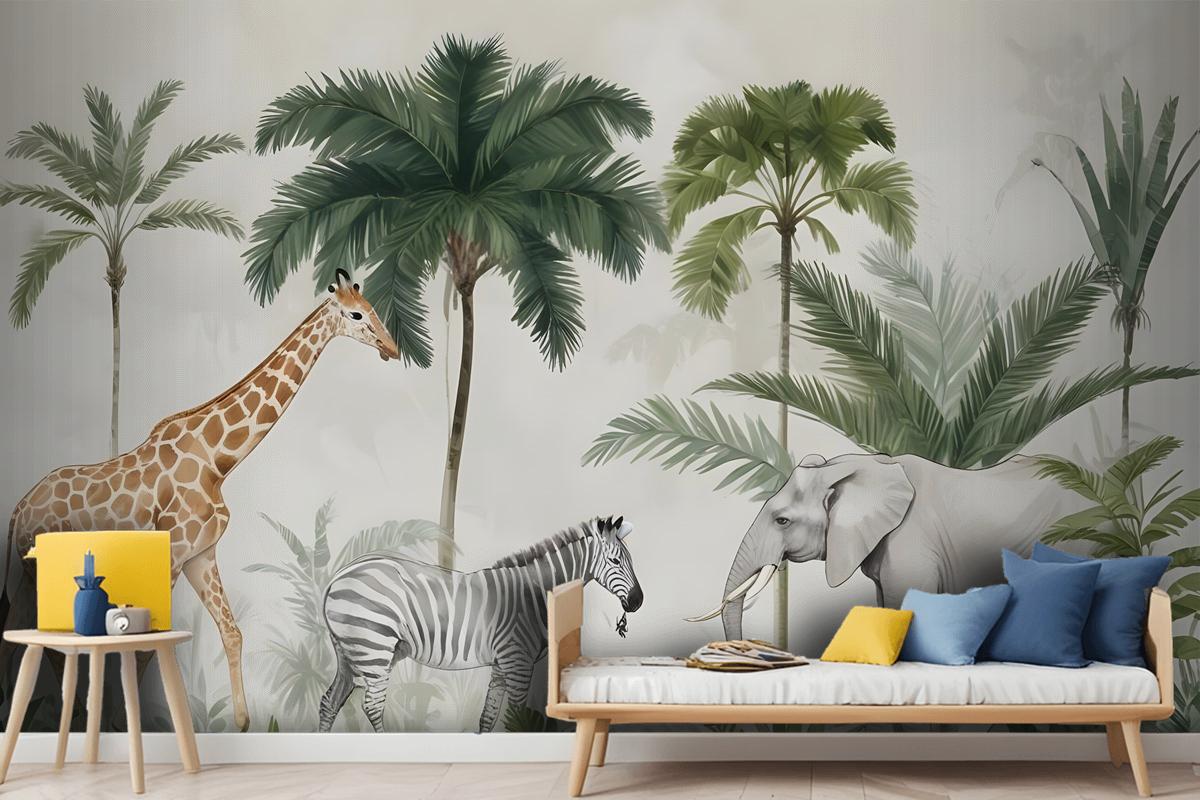 Kids Wild Tropical Animals With Palm Trees Wallpaper Mural