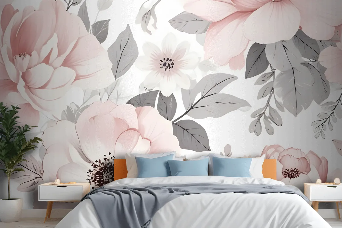 Large Pink And Gray Floral Pattern With Various Wallpaper Mural