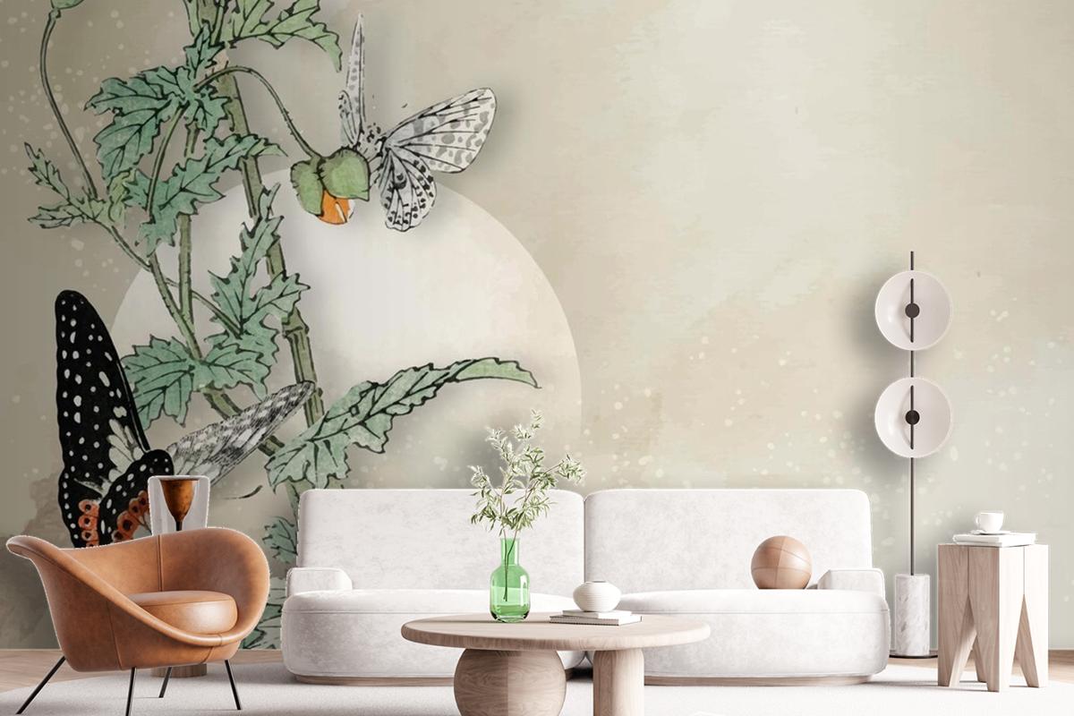 Leafy Butterfly Frame Design Wallpaper Mural