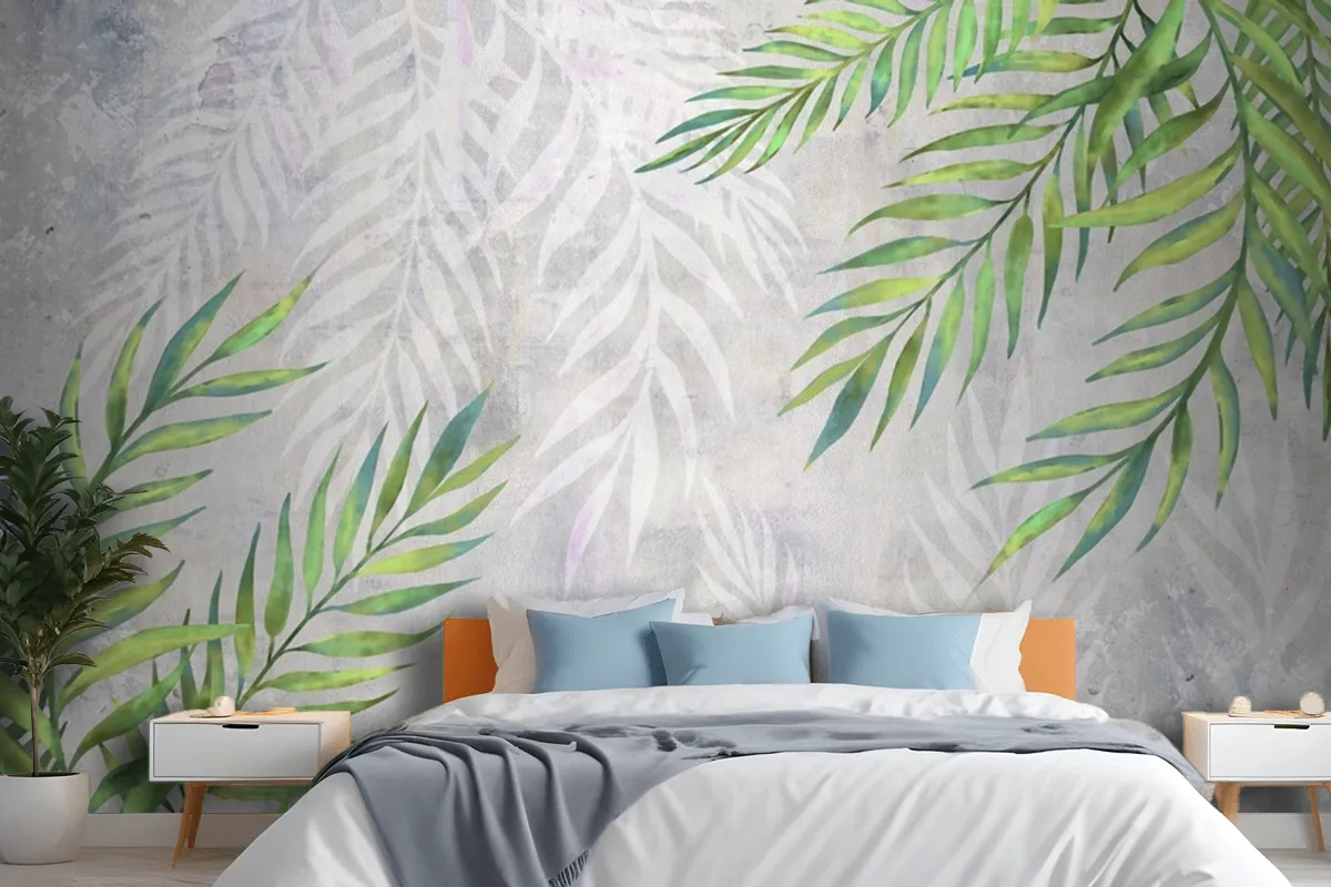 Leaves In The Corners On A Light Textured Wallpaper Mural