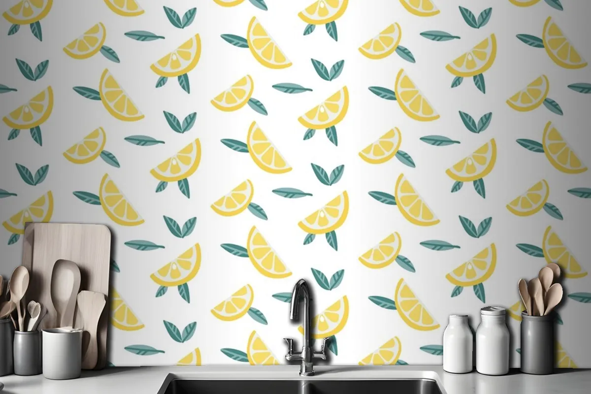 Lemon Fruit Slices With Leaves Seamless Pattern  Wallpaper Mural