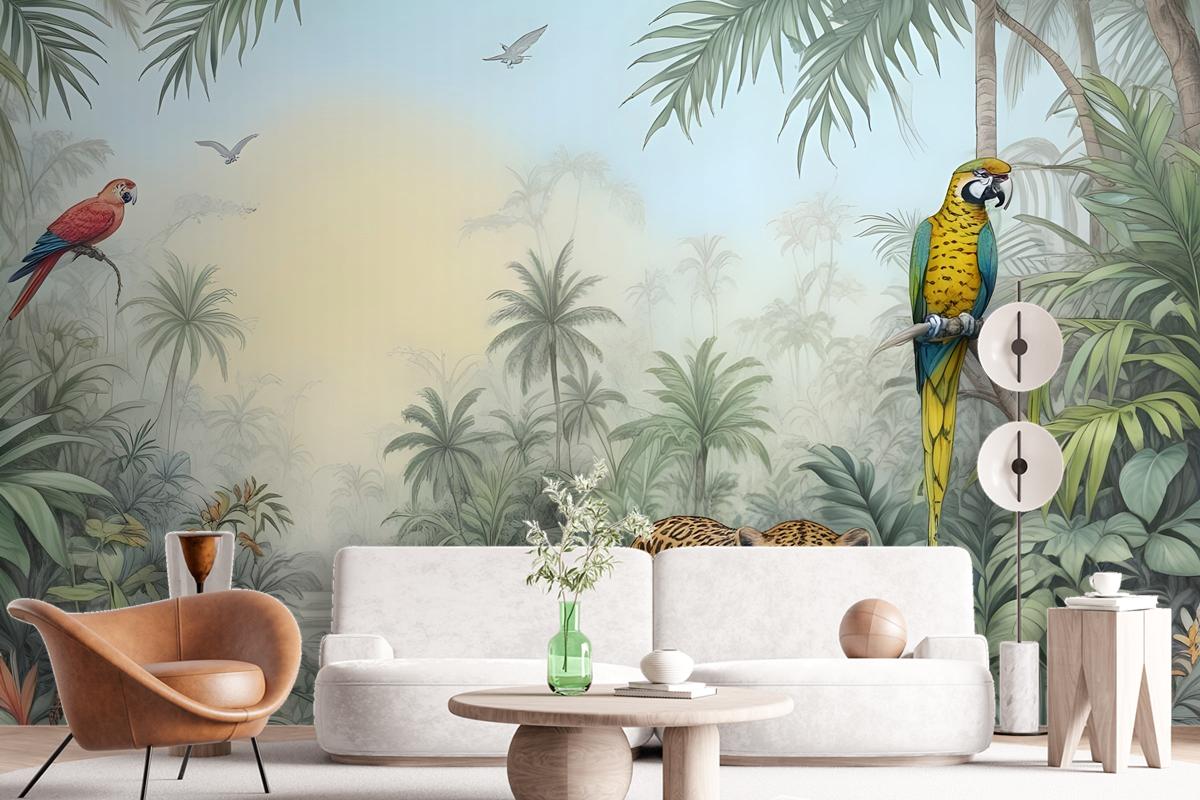 Leopard And Colorful Parrot In The Tropical Forest Wallpaper Mural