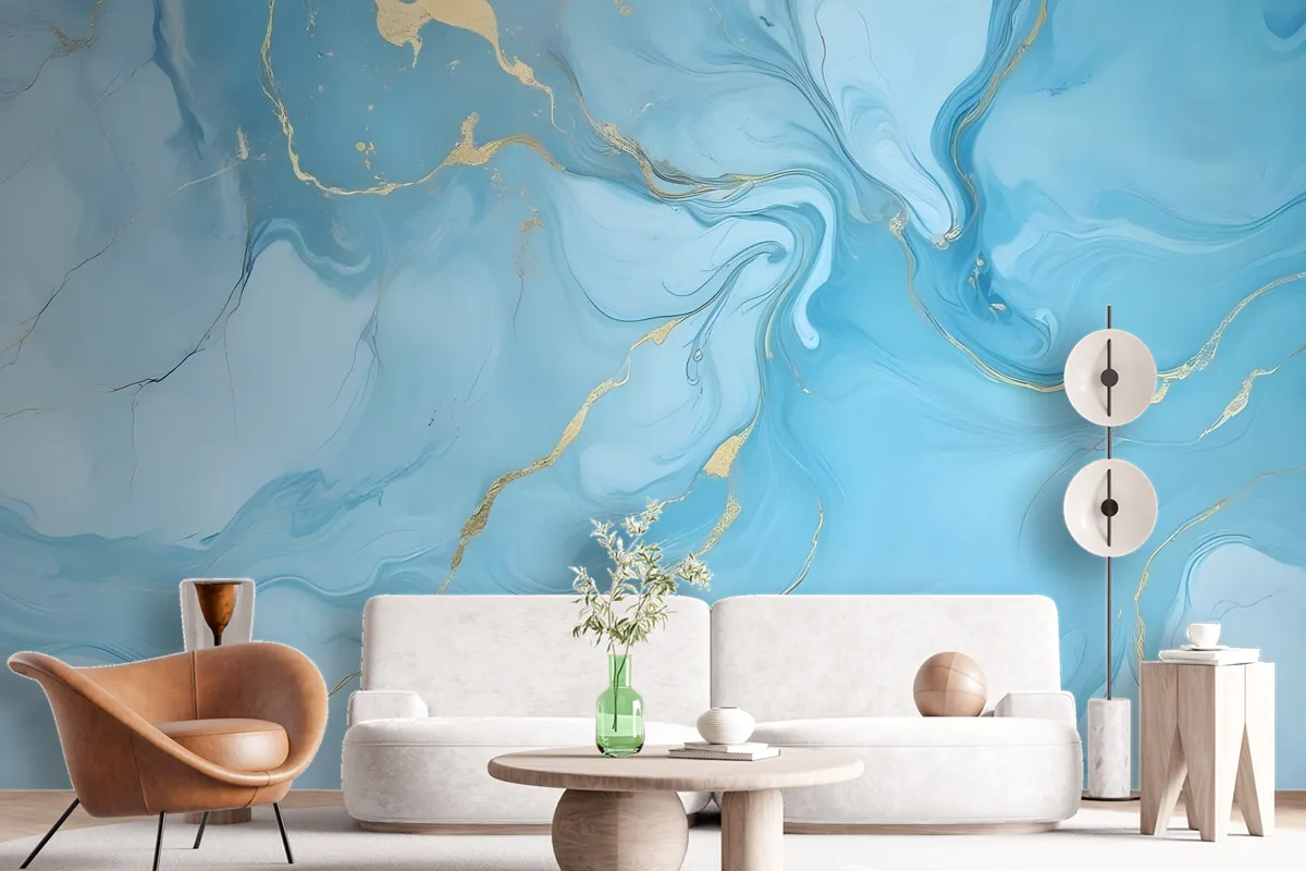 Light Blue Marble With Gold Look Splash Wallpaper Mural