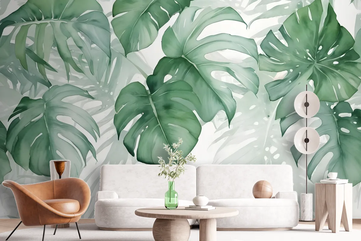 Light Green Tropical Leaves Wallpaper Mural