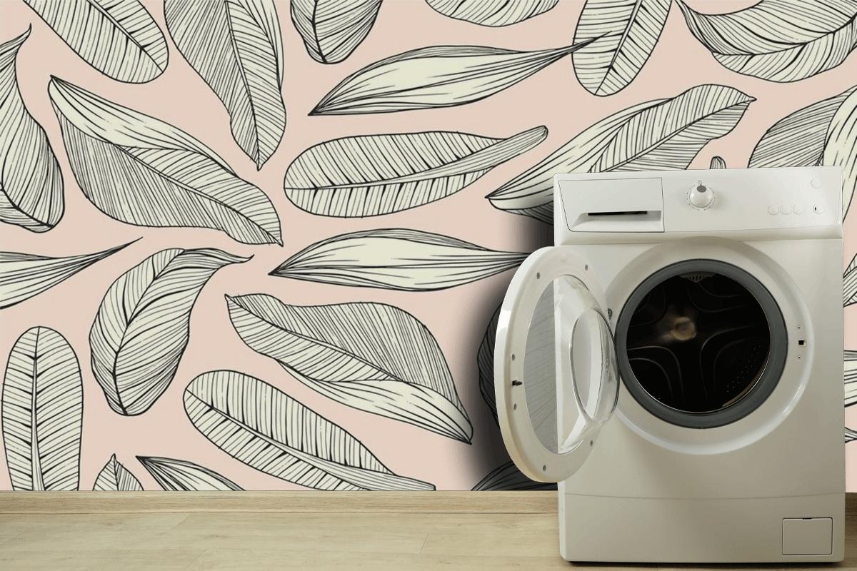 Linear Tropical Leaves With Pastel Color Background Wallpaper Mural