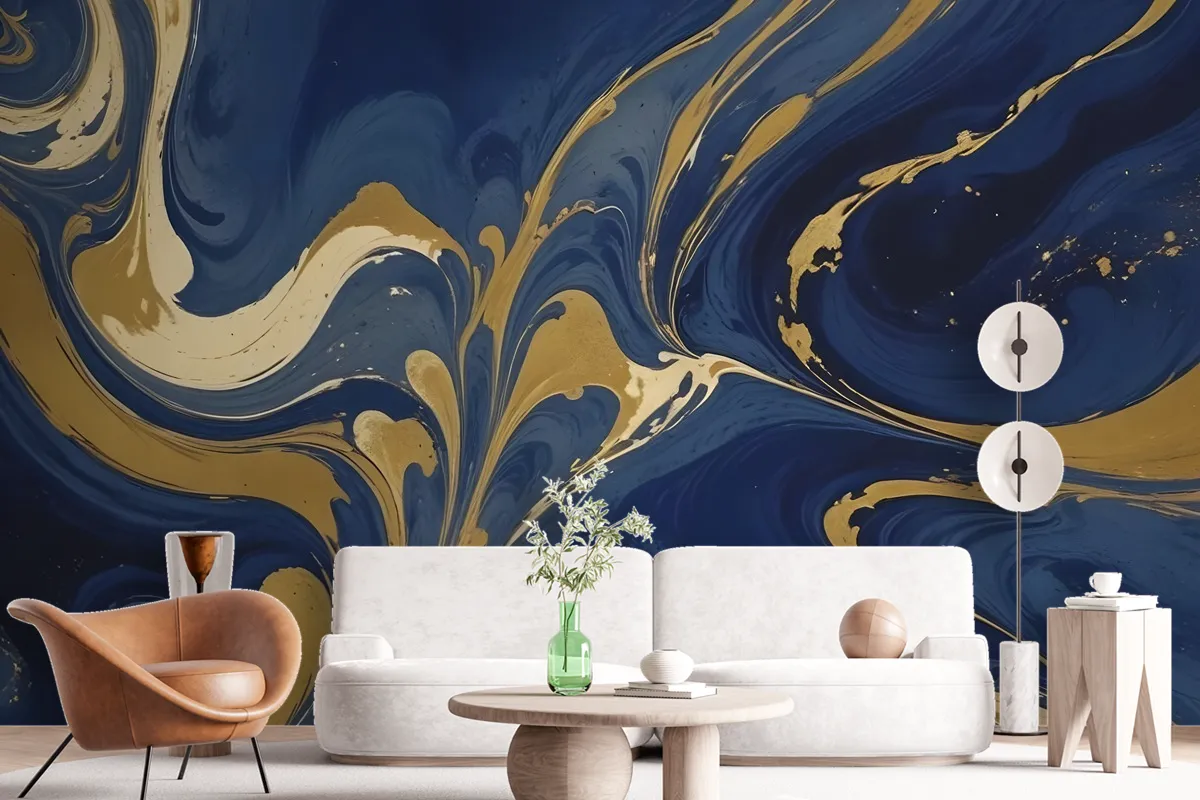 Liquid Abstract Marble Art Gold Blue Gradient Wallpaper Mural