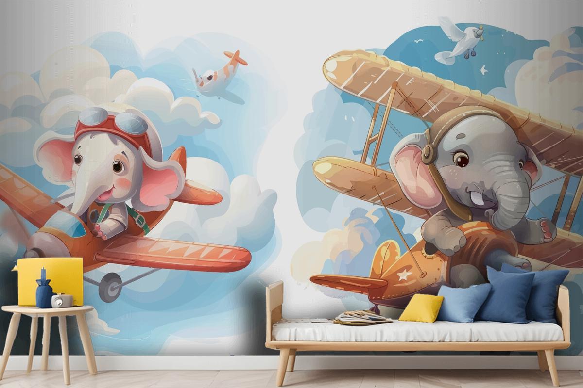 Little Elephant On Plane Wallpaper Mural