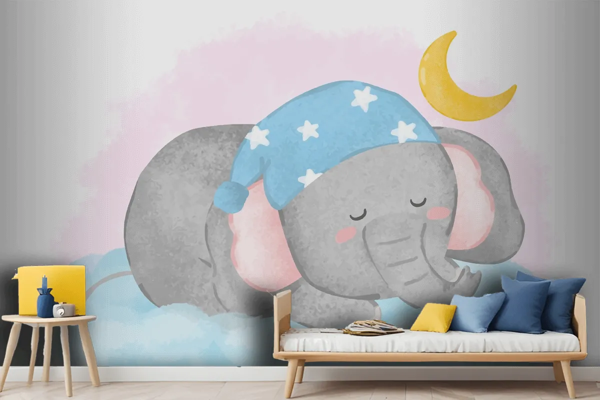 Lovely Elephant Sleeping On The Cloud In Painting Watercolor Wallpaper Mural