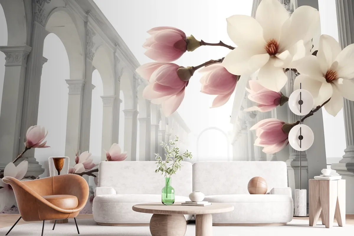 Magnolia Blossom With Column Wallpaper Mural